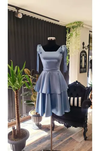 Blue Satin Square Neck, Sleeveless, Graduation Dress with Bows on Shoulders-BLUE - 1