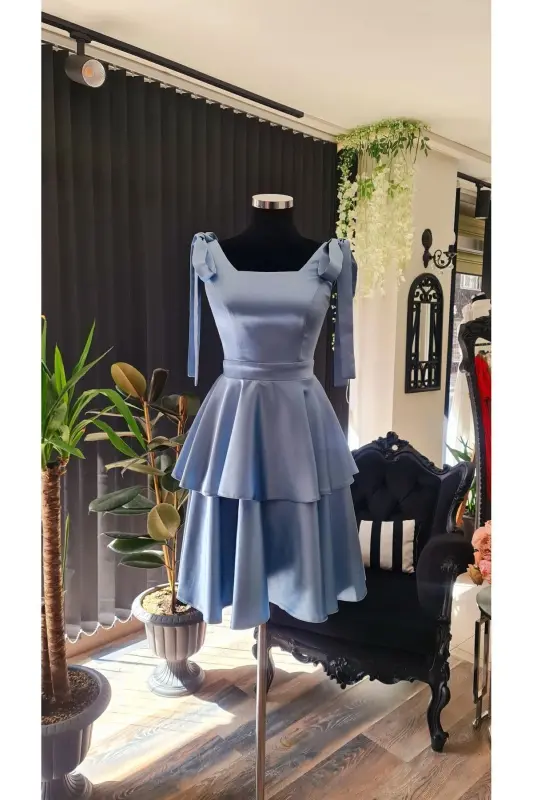 Blue Satin Square Neck, Sleeveless, Graduation Dress with Bows on Shoulders-BLUE - 2