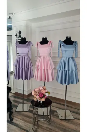 Blue Satin Square Neck, Sleeveless, Graduation Dress with Bows on Shoulders-BLUE - 4
