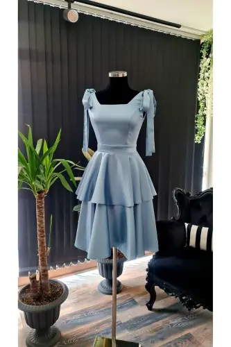 Blue Satin Square Neck, Sleeveless, Graduation Dress with Bows on Shoulders-BLUE - 6
