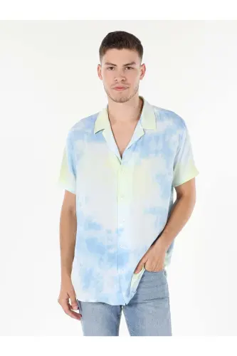 Blue, short-sleeved, neck-printed, regular fit men's shirt. - 4
