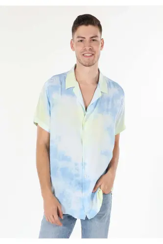 Blue, short-sleeved, neck-printed, regular fit men's shirt. - 1