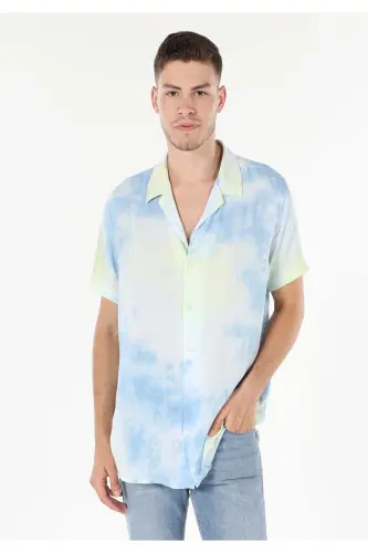 Blue, short-sleeved, neck-printed, regular fit men's shirt. - 4