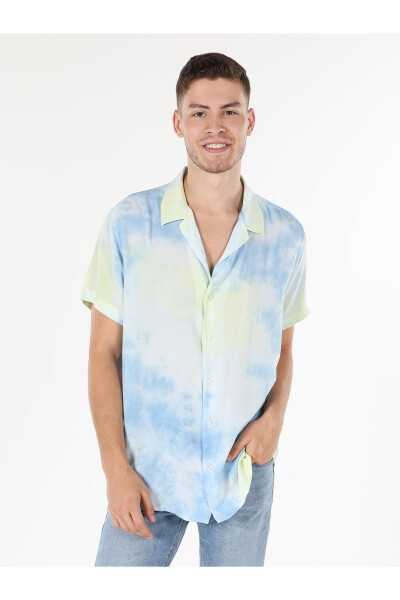 Blue, short-sleeved, neck-printed, regular fit men's shirt. - 1