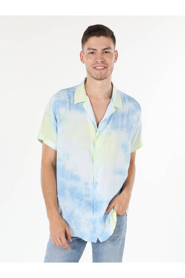 Blue, short-sleeved, neck-printed, regular fit men's shirt. - 1