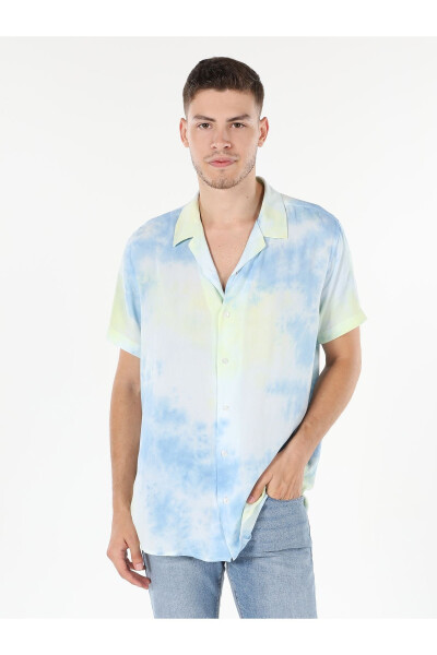 Blue, short-sleeved, neck-printed, regular fit men's shirt. - 4