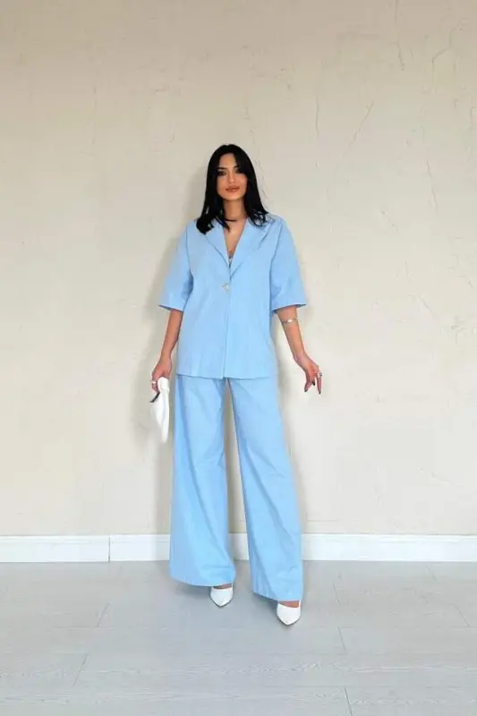 Blue Single Button Front Blazer Pants Suit - BÜYÜKBEDENIZ