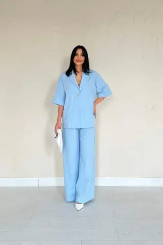Blue Single Button Front Blazer Pants Suit - BÜYÜKBEDENIZ (1)