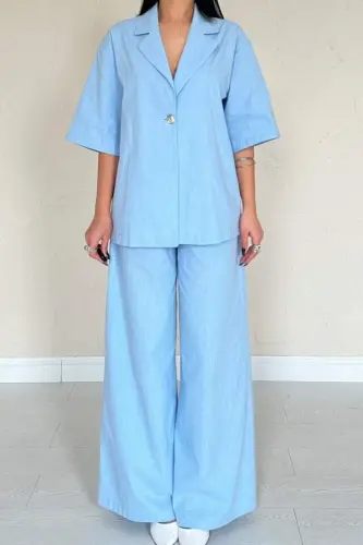 Blue Single Button Front Blazer Pants Suit - 3