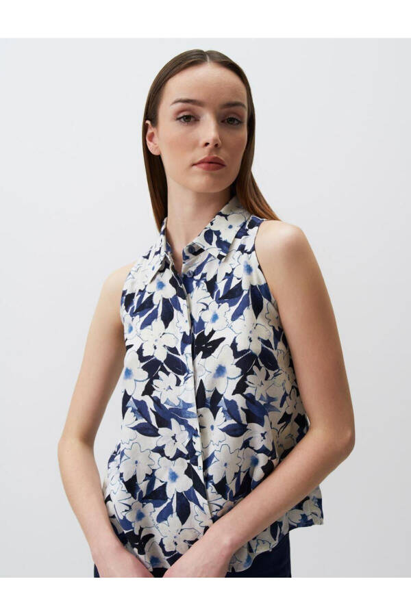 Blue Sleeveless Floral Linen Shirt - 19