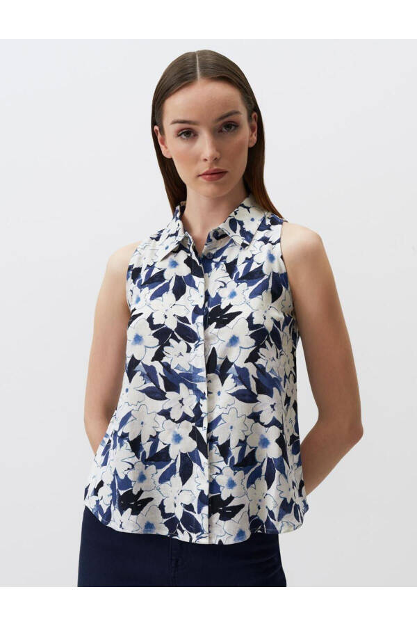 Blue Sleeveless Floral Linen Shirt - 21