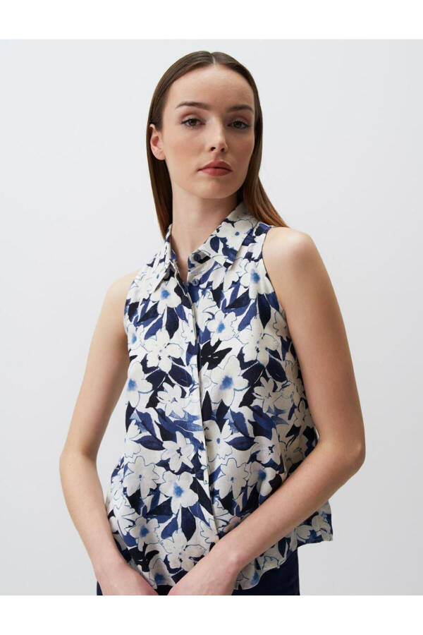 Blue Sleeveless Floral Linen Shirt - 7