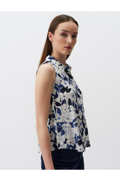 Blue Sleeveless Floral Linen Shirt - 11