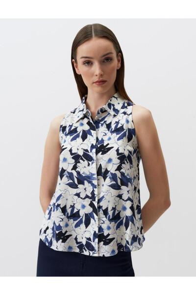 Blue Sleeveless Floral Linen Shirt - 3