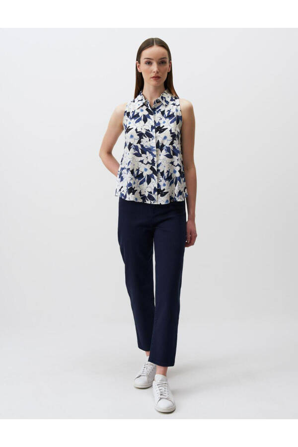 Blue Sleeveless Floral Linen Shirt - 26