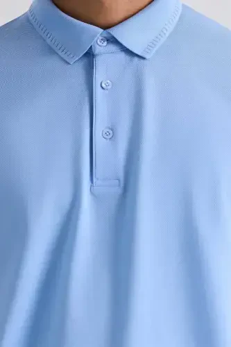 Blue Slim Fit 100% Cotton Mercerized Polo Neck T-shirt - 3