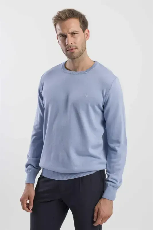 Blue Slim Fit Crew Neck Knitted Sweater - 1