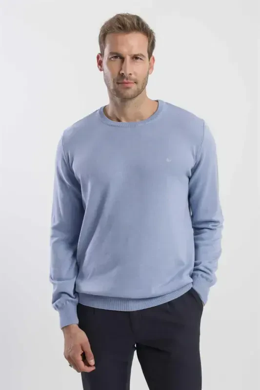 Blue Slim Fit Crew Neck Knitted Sweater - 3