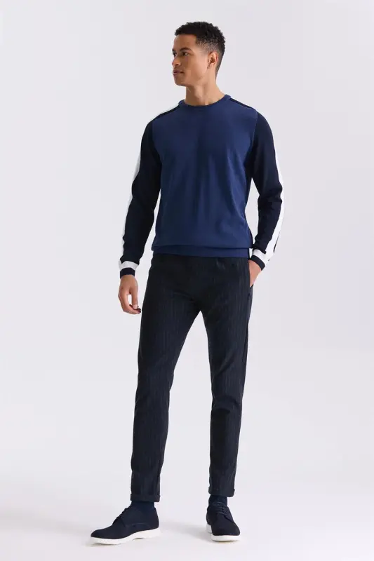 Blue Slim Fit Crew Neck Knitted Sweater with Striped Detail - 2