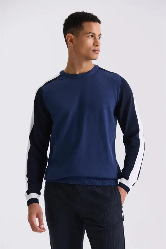 Blue Slim Fit Crew Neck Knitted Sweater with Striped Detail - JAKAMEN