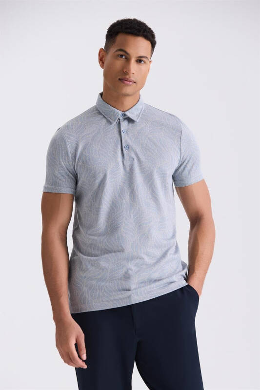 Blue Slim Fit Patterned Collared T-Shirt - 1
