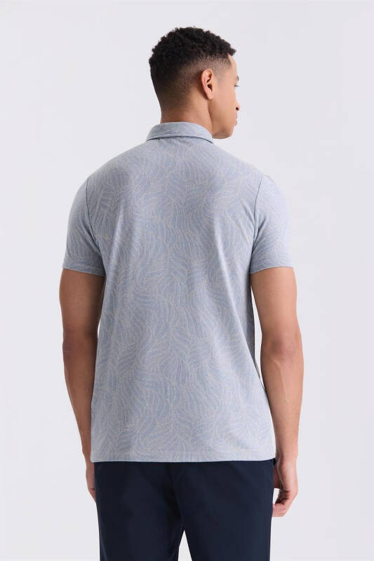 Blue Slim Fit Patterned Collared T-Shirt - 4