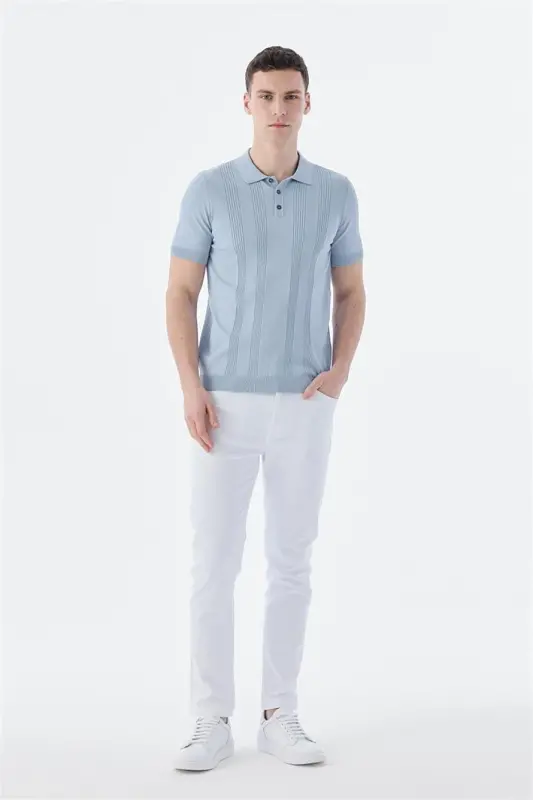 Blue Slim Fit Patterned Polo Shirt - 1