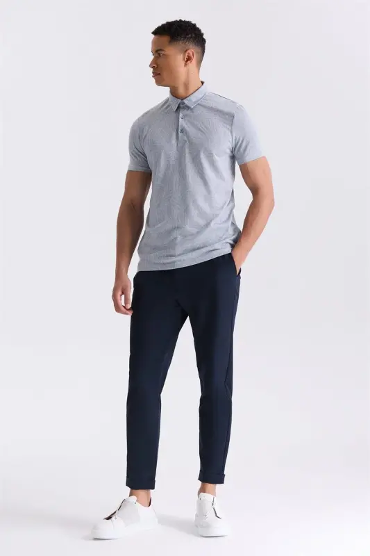 Blue Slim Fit Patterned Shirt Collar T-Shirt - 2