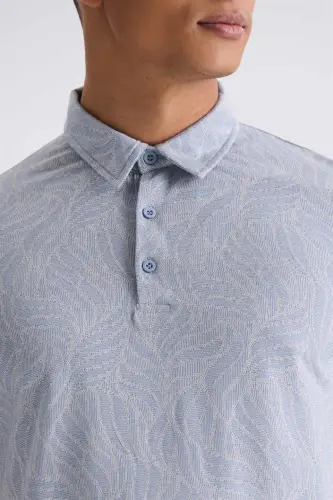 Blue Slim Fit Patterned Shirt Collar T-Shirt - 3