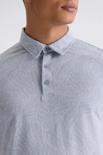 Blue Slim Fit Patterned Shirt Collar T-Shirt - 3