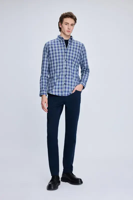 Blue Slim Fit Plaid Button-Down Collar Long Sleeve Cotton - 2