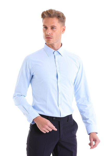 Blue Slim Fit Plain Cotton Slim Collar Long Sleeve Cla - HATEMOĞLU
