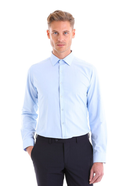Blue Slim Fit Plain Cotton Slim Collar Long Sleeve Cla - 3