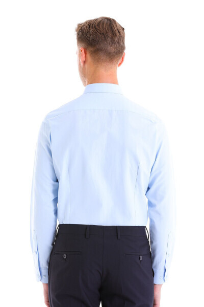 Blue Slim Fit Plain Cotton Slim Collar Long Sleeve Cla - 5