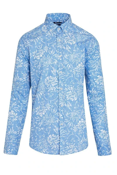 Blue Slim Fit Printed 100% Cotton Buttoned Collar Long Sleeve - HATEMOĞLU
