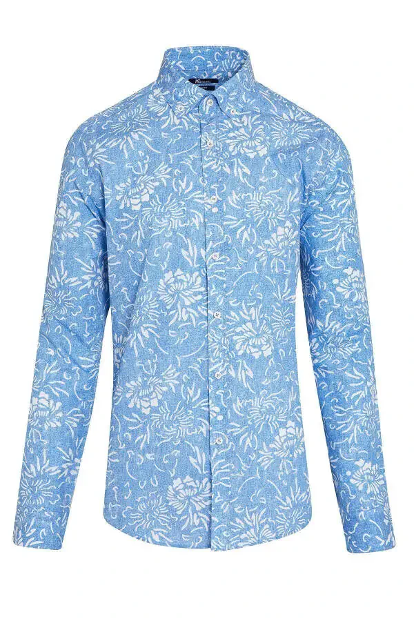 Blue Slim Fit Printed 100% Cotton Buttoned Collar Long Sleeve - 1
