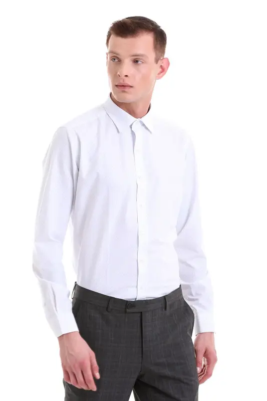 Blue Slim Fit Printed Cotton Slim Collar Long Sleeve Classic Shirt-Blue - 4