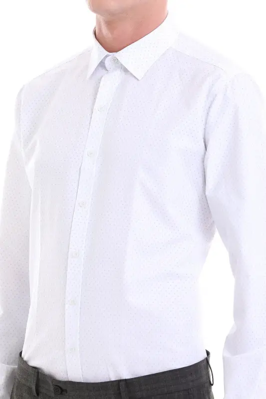 Blue Slim Fit Printed Cotton Slim Collar Long Sleeve Classic Shirt-Blue - 5