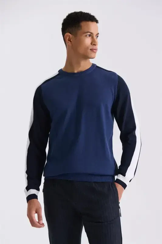 Blue Slim Fit Striped Detail Crew Neck Pullover - 1