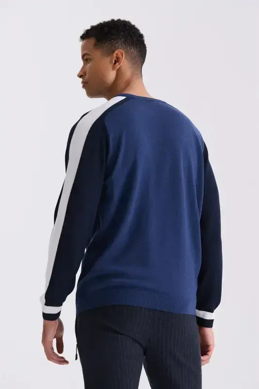 Blue Slim Fit Striped Detail Crew Neck Pullover - 4