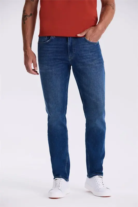 Blue Slim Fit Washed Distressed Cotton Skinny Jeans - JAKAMEN
