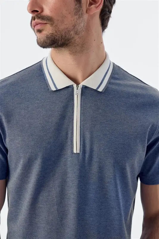 Blue Slim Fit Zip-Up 100% Cotton Polo T-Shirt - 2