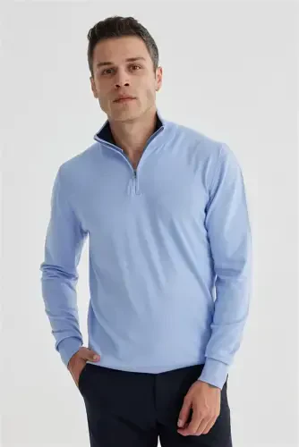 Blue Slim Fit Zip-Up High Neck Knitwear Sweater 