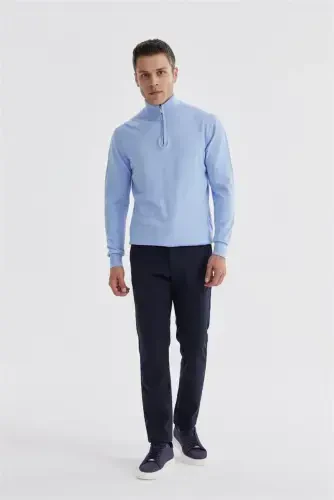 Blue Slim Fit Zip-Up High Neck Knitwear Sweater - Modazone (1)