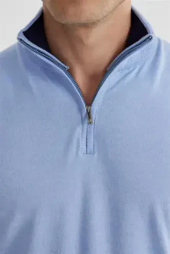 Blue Slim Fit Zip-Up High Neck Knitwear Sweater - 3
