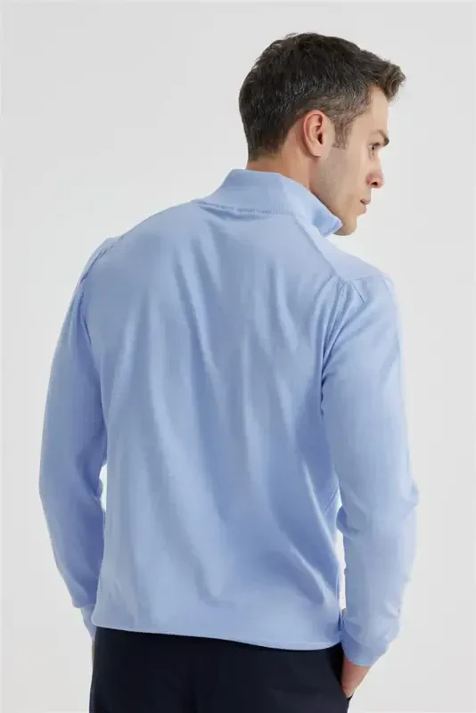 Blue Slim Fit Zip-Up High Neck Knitwear Sweater - 4