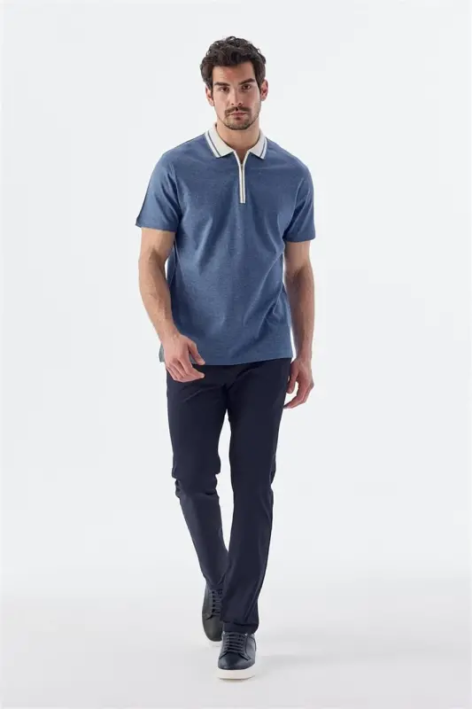 Blue Slim Fit Zippered 100% Cotton Polo Neck T-Shirt - JAKAMEN