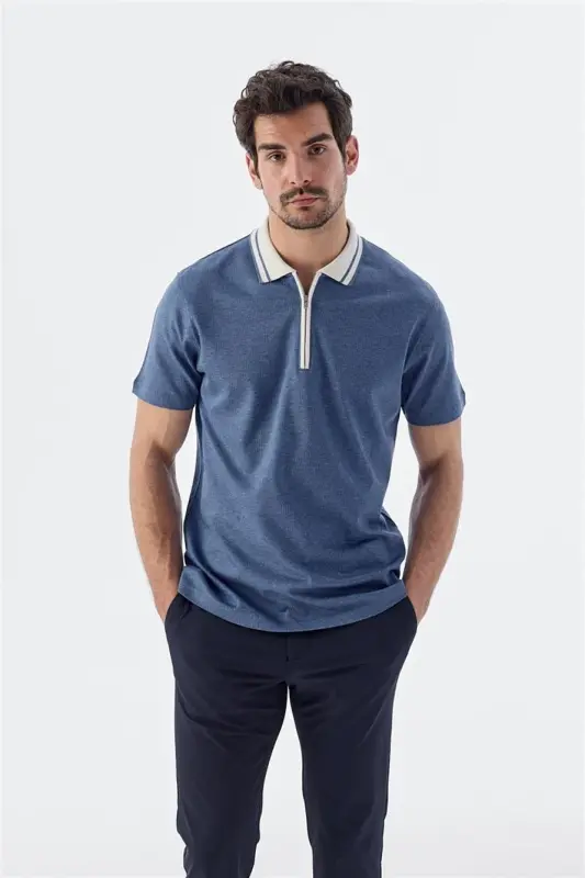 Blue Slim Fit Zippered 100% Cotton Polo Neck T-Shirt - 2