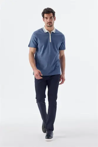 Blue Slim Fit Zippered 100% Cotton Polo Neck T-Shirt - 1