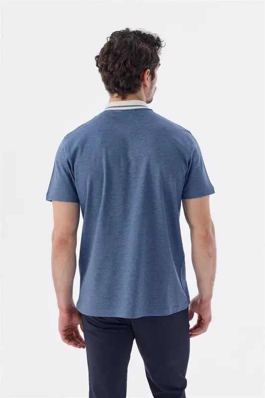 Blue Slim Fit Zippered 100% Cotton Polo Neck T-Shirt - 4